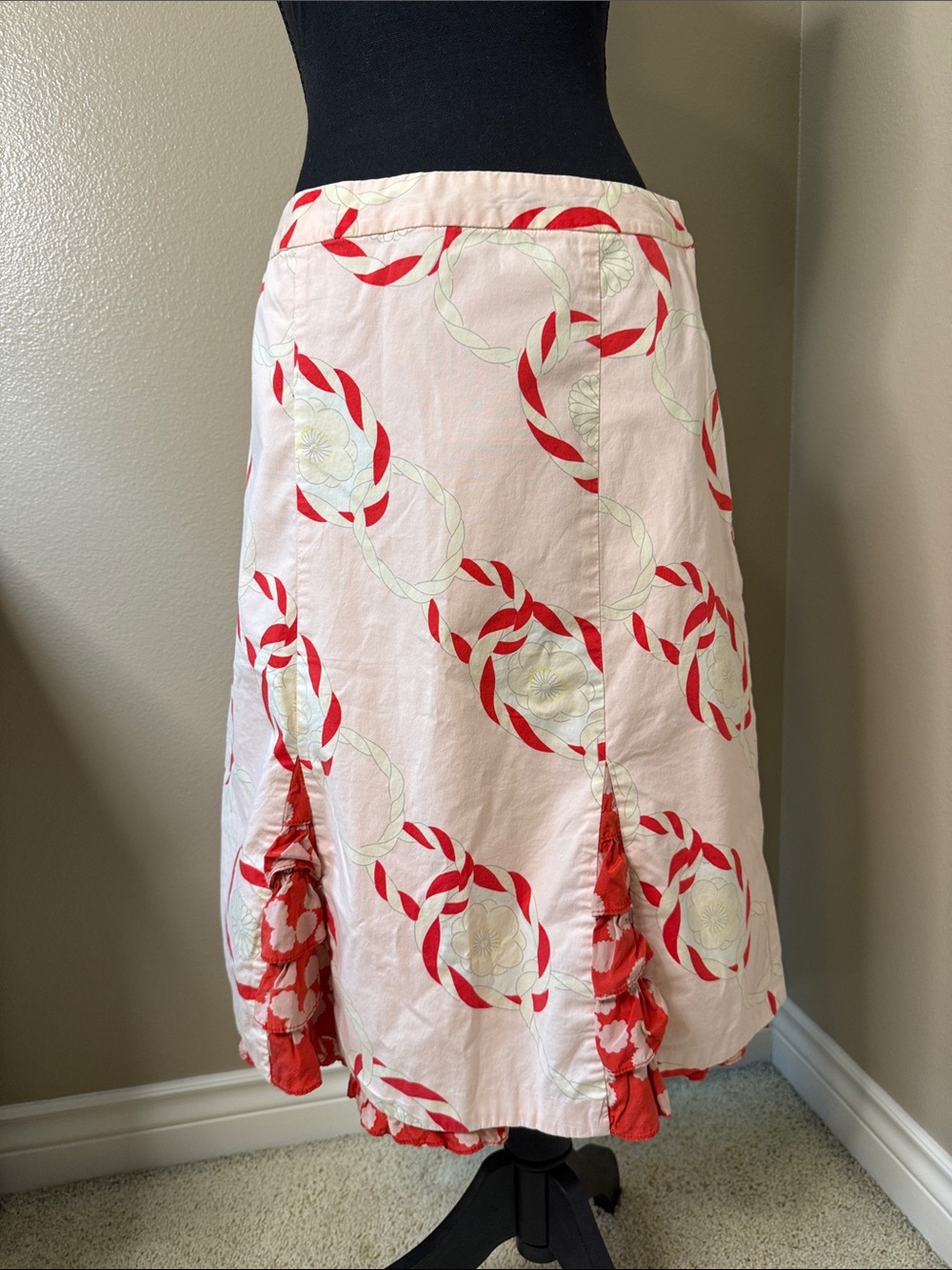 Odille Pink A-Line Skirt with Red Ring Floral Motif- Anthropologie
